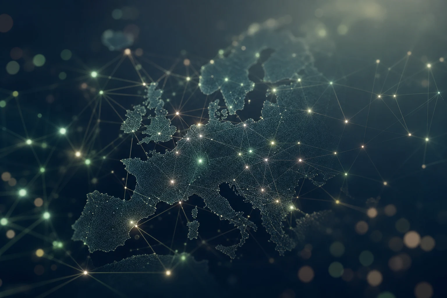 Carte abstraite de nœuds reliés évoquant un routage européen