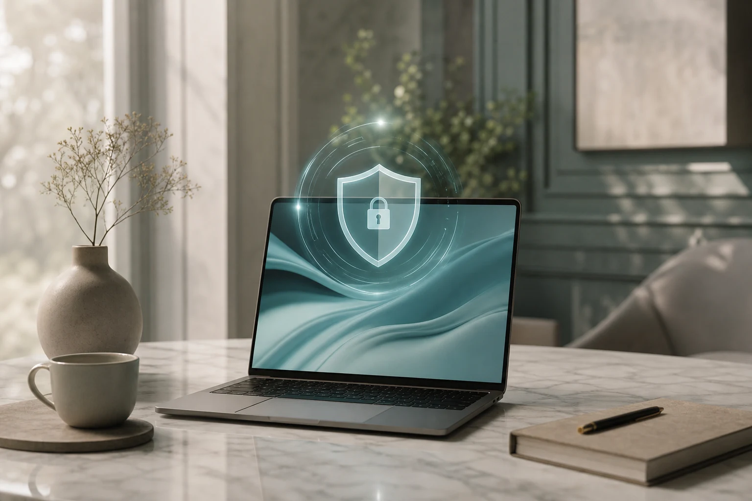Poste de travail en lumière naturelle, métaphore visuelle de la protection numérique